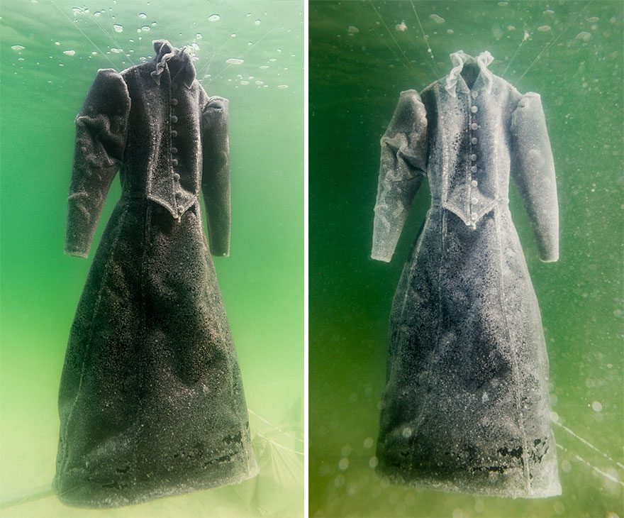 Lee más sobre el artículo Vestido se convirtió en brillantes cristales de sal después de 2 años bajo el Mar Muerto