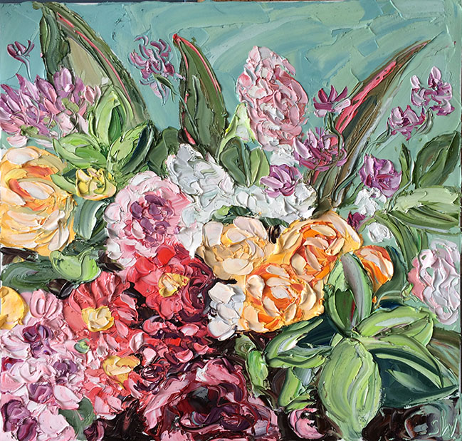 Bellas pinturas de escenas playeras y flores al óleo por Sally West